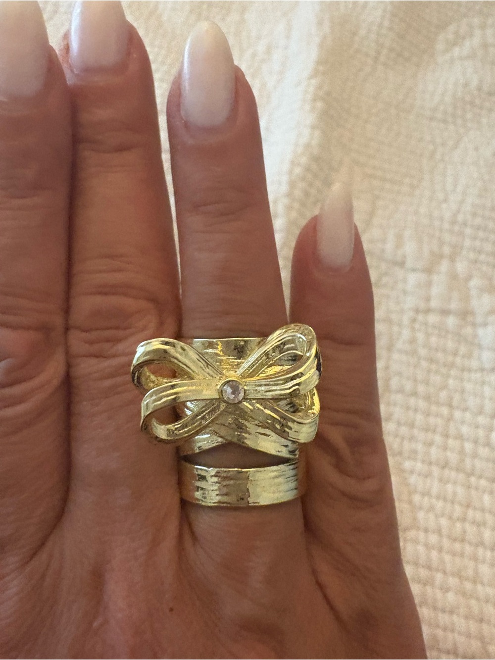 Gold Bow Adjustable Statement Wide Cuff Ring with Crystal Accent -Size 6